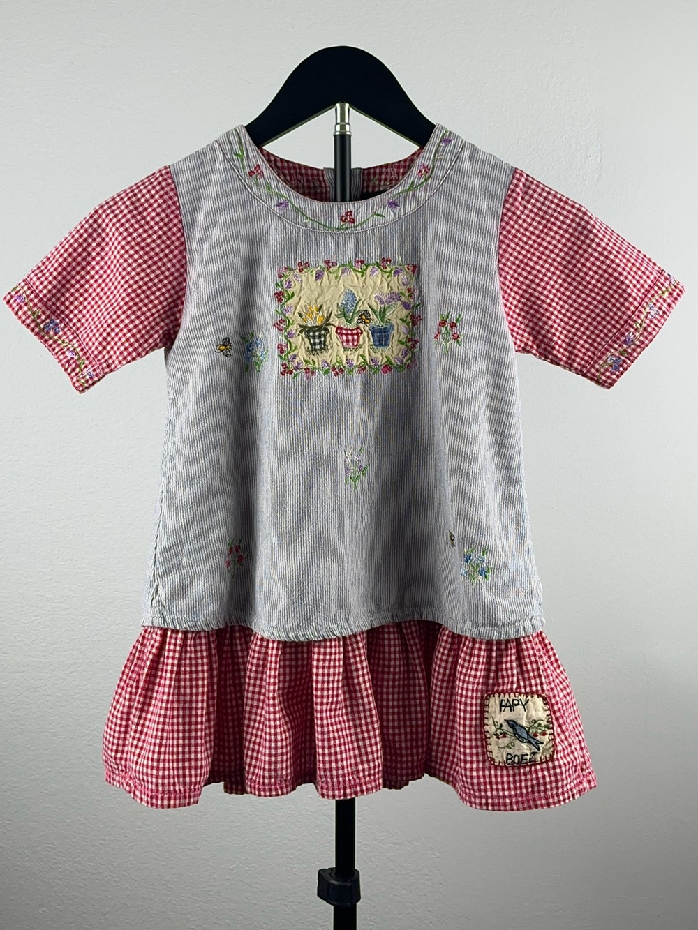 Papy Boez 90s Embroidered Floral Checkered Vintage Cotton Cottagecore Dress 3